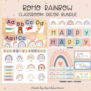 Boho Rainbow Classroom Decor Bundle Neutral Calm Classroom Decorations Printable Digital Download