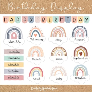 BOHO Rainbow Birthday prikbord verjaardagsdisplay bewerkbaar