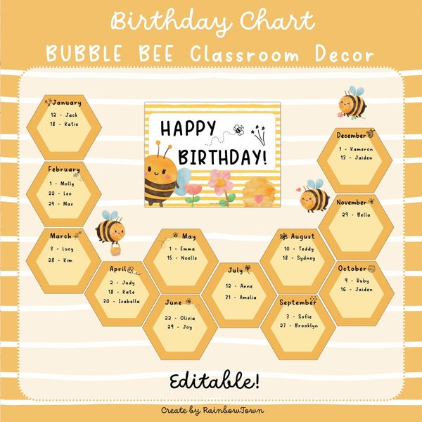 BEE theme Birthday Bulletin Board Birthday Display Birthday Chart Editable Printable