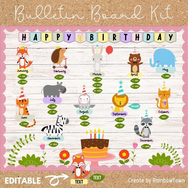 Editable Birthday Display Bulletin Board Kit Door Decor Animals Theme