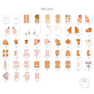 May include: A digital preview sheet featuring forty-nine individual squares with autumn-themed graphics including pumpkins, ghosts, acorns, leaves, and plaid-patterned letters spelling out fall-related phrases in orange, brown, and cream tones.