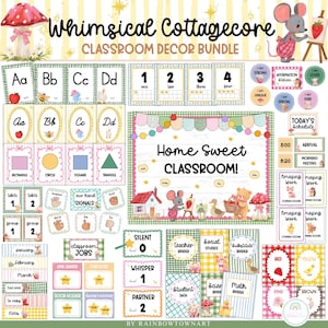 Puede incluir: Un paquete de decoración para el aula con temática Whimsical Cottagecore que incluye tarjetas del alfabeto, carteles de números, un letrero de Home Sweet Classroom, tarjetas de horario, portadas de carpetas y etiquetas.