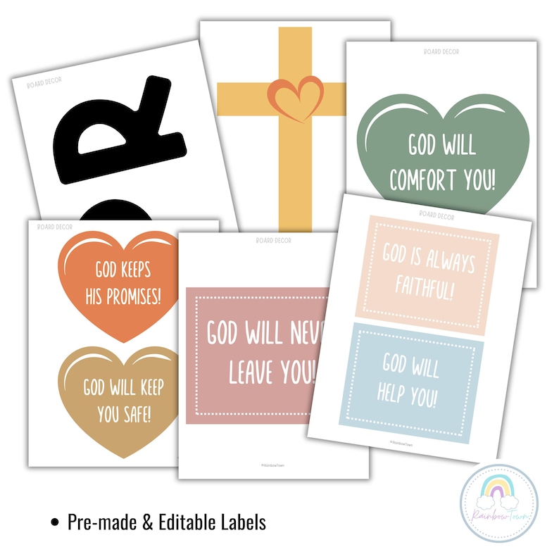 May include: Printable religious themed labels with encouraging messages like "God will comfort you!" and "God keeps his promises!" in various colors and fonts. The labels are perfect for adding a personal touch to your home decor or crafts.