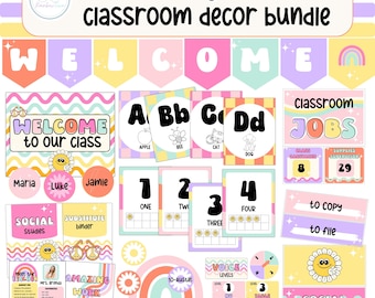 May include: A set of colorful classroom decor featuring a groovy and bright theme. The set includes a welcome banner, alphabet cards, number cards, classroom jobs cards, and social studies posters. The colors are pink, yellow, green, and blue.