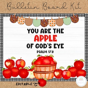 Può includere: Kit di bacheca editabile con il testo "You are the apple of God's eye, Psalm 17:8". Il kit presenta una mela rossa con un cuore al centro, circondata da altre mele rosse. Lo sfondo è un motivo a scacchi bianco e nero.