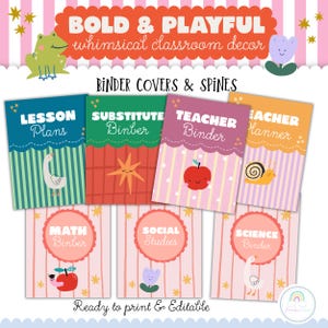 Puede incluir: Un conjunto de portadas y lomos de carpetas imprimibles con patrones coloridos, bordes festoneados e ilustraciones de rana, ganso, manzana, estrella y caracol. El texto incluye BOLD & PLAYFUL, LESSON PLANS, SUBSTITUTE BINDER, TEACHER BINDER, TEACHER PLANNER, MATH BINDER, SOCIAL STUDIES y SCIENCE BINDER.