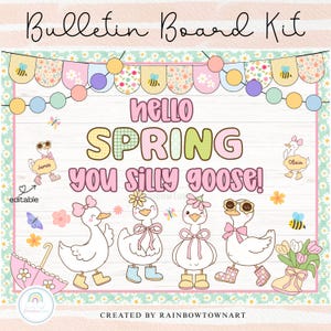 May include: A digital bulletin board kit with a spring theme. The design features the text "Hello Spring, You Silly Goose!" and illustrations of geese wearing accessories. Includes editable elements and floral banner.