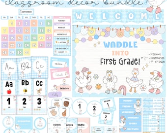 Paquete de decoración para el aula con temática de gansos: decoraciones en tonos pastel geniales, imprimibles y editables.