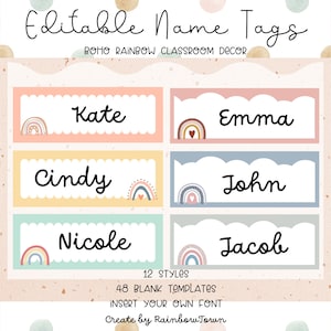 Editable Name Tags Template Student Desk Plates Classroom Name Plates Desk Tags Class Labels Boho Rainbow Classroom Decor