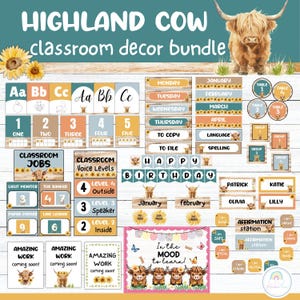 Highland Cow Classroom Decor Boho Neutrale klasdecoraties bewerkbaar