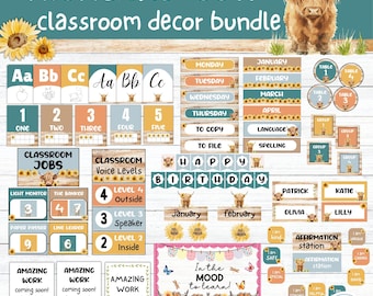 Highland Cow Classroom Decor Boho Neutral Classroom Decorations Editable