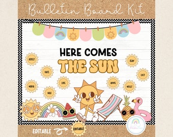 Here Comes The Sun Summer Bulletin Board Kit April May Bulletin Board Groovy Classroom Decor Editable