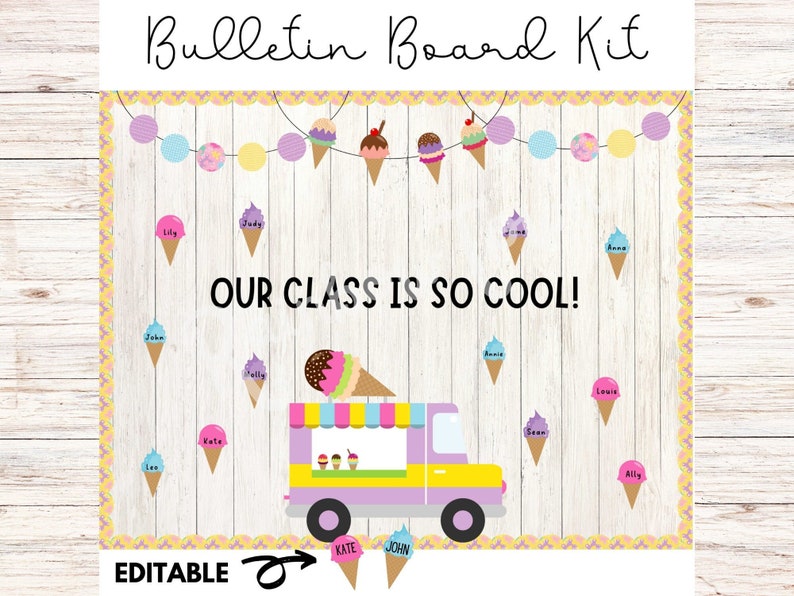 Op de afbeelding: Bewerkbaar bulletin board-set met een ijswagen-thema. De set bevat een banner met de tekst "Onze klas is zo cool!" en ijshoorntjes-uitsnijdingen met ruimte om namen te schrijven.