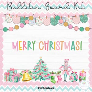 May include: A pink and green Christmas bulletin board kit with a banner, garland, and various Christmas decorations. The text "Merry Christmas!" is written in colorful letters.