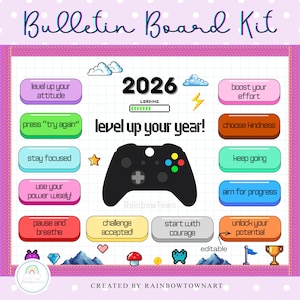 Puede incluir: Un kit de tablero de anuncios digital con un borde rosa y una variedad de elementos coloridos. El diseño incluye un mando de juego negro, el año 2026 y frases motivadoras como "level up your year!" y "choose kindness."