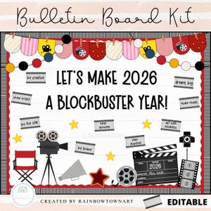 Peut inclure: Un kit de tableau d'affichage sur le thème du cinéma. Le design comprend une chaise de réalisateur rouge, une bobine de film, un clap de cinéma et le texte "LET'S MAKE 2026 A BLOCKBUSTER YEAR!" avec des phrases inspirantes. Design par RainbowTownArt.