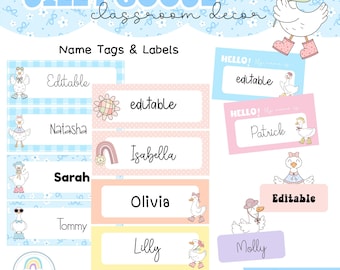 Może przedstawiać: Zestaw etykiet i etykiet z motywem "Silly Goose" do dekoracji klasy. Projekt przedstawia kreskówkowe gęsi, tęcze i kwiatowe wzory w pastelowych kolorach. Etykiety są edytowalne.