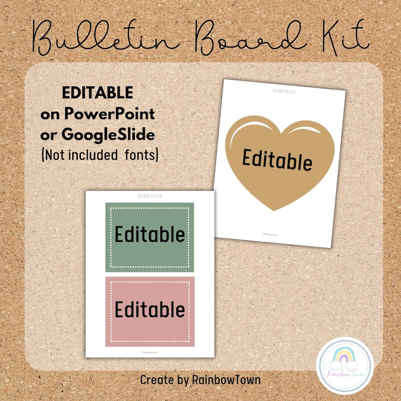 May include: Editable bulletin board kit with green, pink, and gold shapes. The shapes are labeled "Editable" and can be customized on PowerPoint or Google Slides. The kit is designed for teachers and educators.