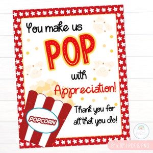 Popcorn Appreciation Printable Teacher Appreciation Staff Appreciation Break Room Sign PTO PTA Nurse Team Volunteer Coworker Employee
