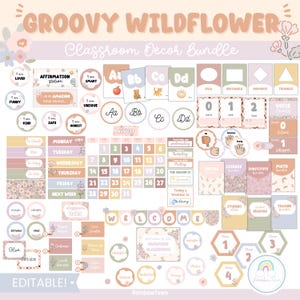 Groovy Wildblumen Klassenzimmer Dekor Bündel ruhige Pastell Blumen Boho Thema bearbeitbar
