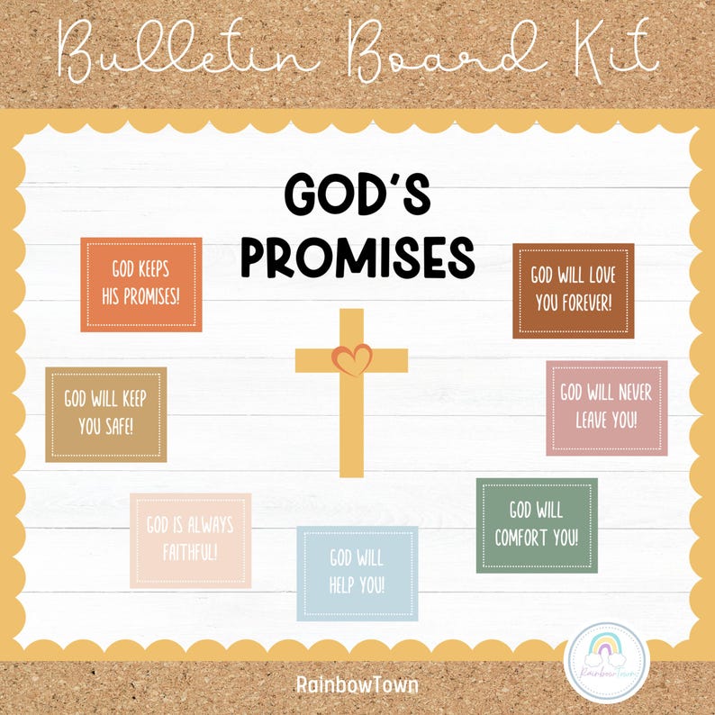 May include: A bulletin board kit with the title "God's Promises" and a yellow cross with a heart in the center. The board is decorated with colorful cards with different Bible verses about God's promises.