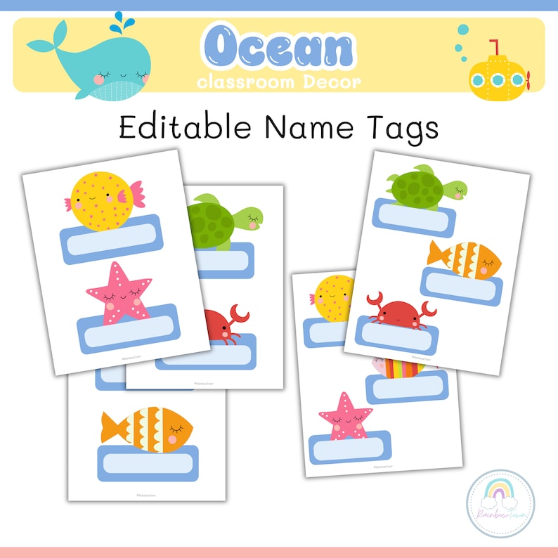 May include: Editable ocean-themed name tags with various sea creatures, including a blue whale, a yellow pufferfish, a green turtle, a red crab, a pink starfish, and an orange fish. The tags have blue borders and blank spaces for writing names.