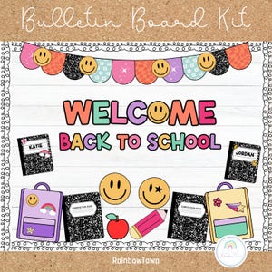Groovy Back To School Bulletin Board Composition Notebook Decor Student Names Editable