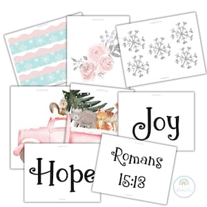May include: Printable Christmas decor set featuring a pink truck with woodland animals, snowflakes, a floral design, and signs with the words "Hope" and "Joy Romans 15:13".