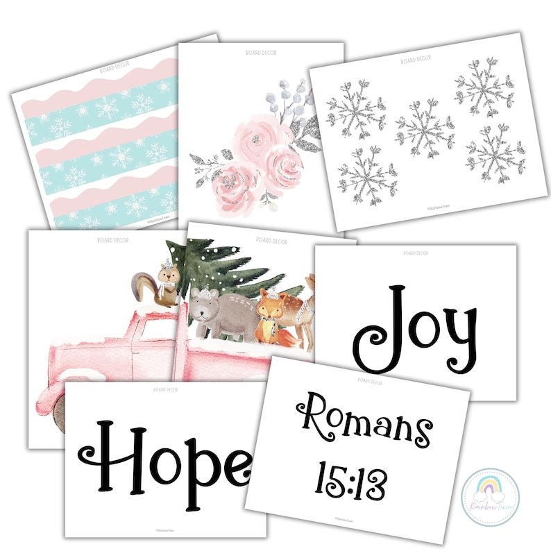 May include: Printable Christmas decor set featuring a pink truck with woodland animals, snowflakes, a floral design, and signs with the words "Hope" and "Joy Romans 15:13".