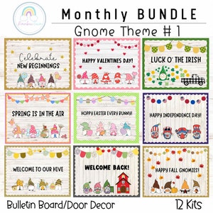 BUNDLE Gnome Monthly Bulletin Board Classroom Door Decor Year Long Bundle Printable