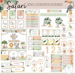 Klassenzimmer-Deko-Set mit Safari-Tieren – Neutrales, ruhiges Waldthema – Druckbar & Bearbeitbar