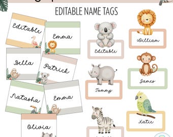 May include: Editable name tags with safari animal illustrations. The tags are in various colors, including green, beige, and orange. The animals include a lion, monkey, koala, rhino, zebra, parrot, and sloth.