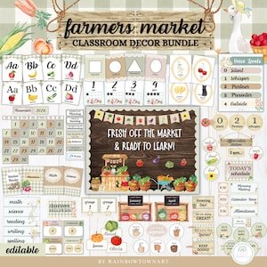 Op de afbeelding: Een boerenmarkt klaslokaal decoratieset met educatieve posters, alfabetkaarten, cijferkaarten, een kalender en labels. De set bevat illustraties van fruit, groenten en een gans, met de tekst Fresh off the market and ready to learn.