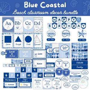 Blue Coastal Classroom Decor Bundle Beach Theme Classroom Decor Printable