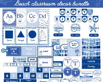 Paquete de decoración costera azul para aula con temática de playa, imprimible y editable