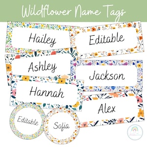 May include: Wildflower name tags with a floral design. The tags feature names like Hailey, Ashley, Hannah, Jackson, Alex, Sofia, and Editable.