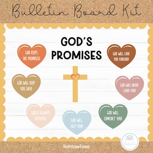 May include: A bulletin board kit with the title "God's Promises" and a yellow cross with a red heart in the center. There are eight colorful heart-shaped cards with different Bible verses about God's promises.