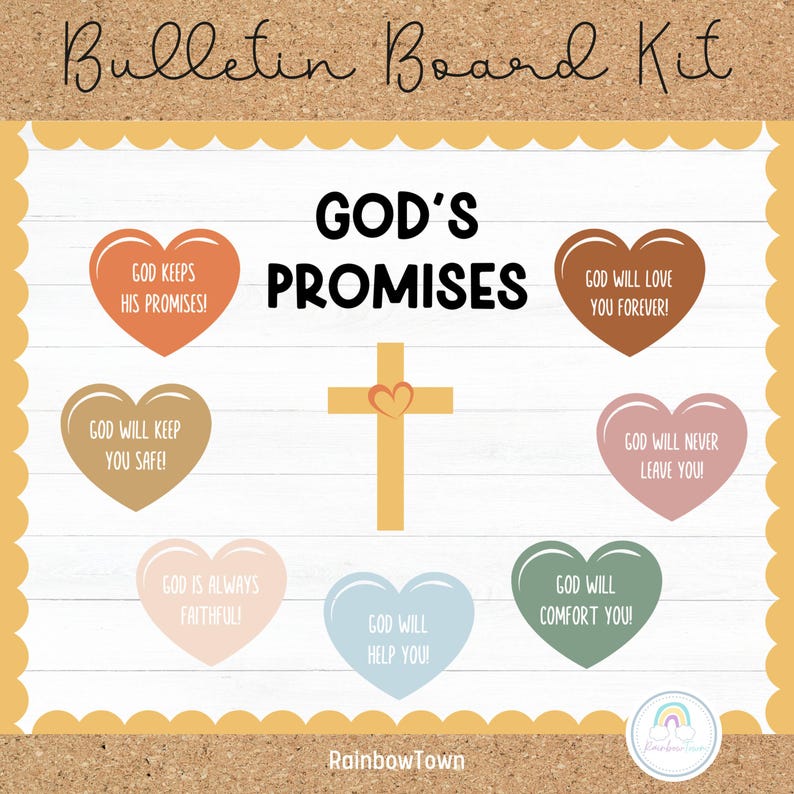 May include: A bulletin board kit with the title "God's Promises" and a yellow cross with a red heart in the center. There are eight colorful heart-shaped cards with different Bible verses about God's promises.
