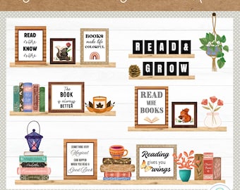 May include: A bulletin board kit with a fall theme featuring illustrations of books, a squirrel, a lantern, a mug, and a potted plant. The kit includes signs with text such as "Read More Know More", "The Book is Always Better", "Something Very Magical Can Happen When You Read a Good Book", "Books Make Life Colorful", "Read More Books", "Reading Gives You Wings", "Read & Grow".