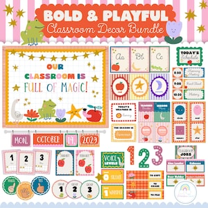 Peut inclure: Un ensemble de décoration de classe comprenant une grande affiche avec le texte OUR CLASSROOM IS FULL OF MAGIC, entourée de cartes alphabétiques, de dates de calendrier, d'étiquettes d'emploi du temps et de titres de tâches illustrés.