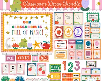 Speelse en fantasierijke decoratiebundel voor in de klas, kleurrijk thema, printbaar en bewerkbaar.