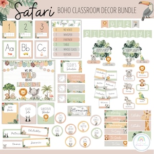 Peut inclure: Un ensemble de décorations de classe imprimables sur le thème de la savane. L'ensemble comprend des affiches, des étiquettes de nom, des cartes de planning et des cartes d'affirmation. Les affiches présentent des animaux comme des lions, des éléphants et des singes. Les étiquettes de nom sont modifiables et présentent une variété d'illustrations d'animaux. Les cartes de planning sont étiquetées avec les jours de la semaine et ont un thème jungle. Les cartes d'affirmation présentent des messages positifs et des illustrations d'animaux.