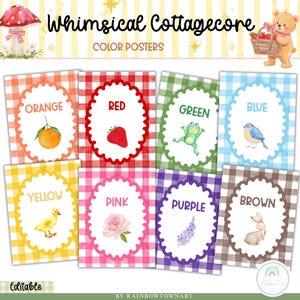 May include: A set of eight educational colour posters featuring a gingham background and a scalloped white centre. Each poster displays a colour name and a corresponding illustration: orange, red strawberry, green frog, blue bird, yellow duck, pink rose, purple flower, and brown rabbit.