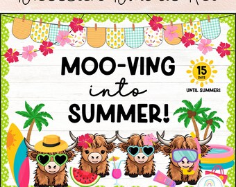 Aftellen tot de zomer Bulletin Board Kit Highland Cow Classroom Decor Afdrukbaar en bewerkbaar