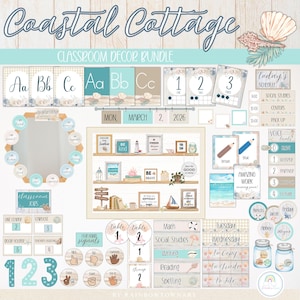 May include: A Coastal Cottage classroom decor bundle featuring alphabet cards, number charts, a calendar, schedule, voice levels, and classroom job labels. The set includes various signs, circular name tags, and motivational posters with beach-themed graphics.