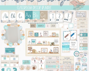 Beach Coastal Classroom Decor Bundle Calm Neutral Theme Printable & Editable