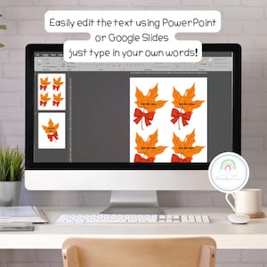 May include: A computer monitor displaying a digital template with four orange maple leaf graphics, each accented with a red bow and the text Add Text Here. The screen shows the text Easily edit the text using PowerPoint or Google Slides just type in your own words!