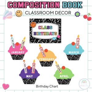Birthday Bulletin Board Classroom Birthdays Composition Notebook Classroom Decor Theme Printable