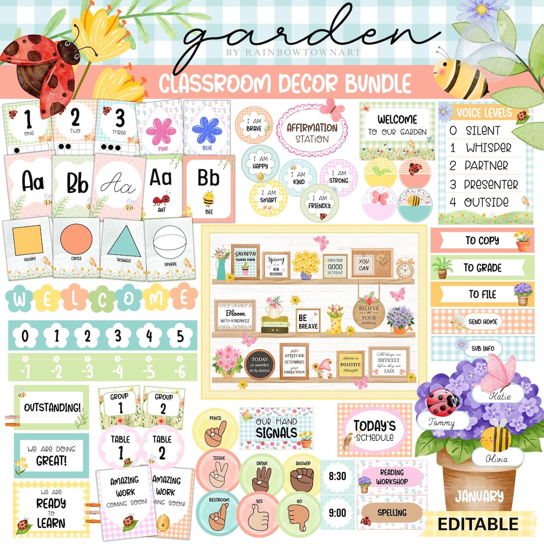 Garden Classroom Decor Bundle Pastel Gingham Theme Printable & Editable ...