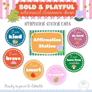 Könnte beinhalten: Ein Set aus runden Affirmationskarten mit farbenfrohen Designs und Texten wie I am kind, I am brave, I am smart, I can do hard things, I can learn from mistakes und I believe in myself, ergänzt durch ein zentrales rechteckiges Schild.
